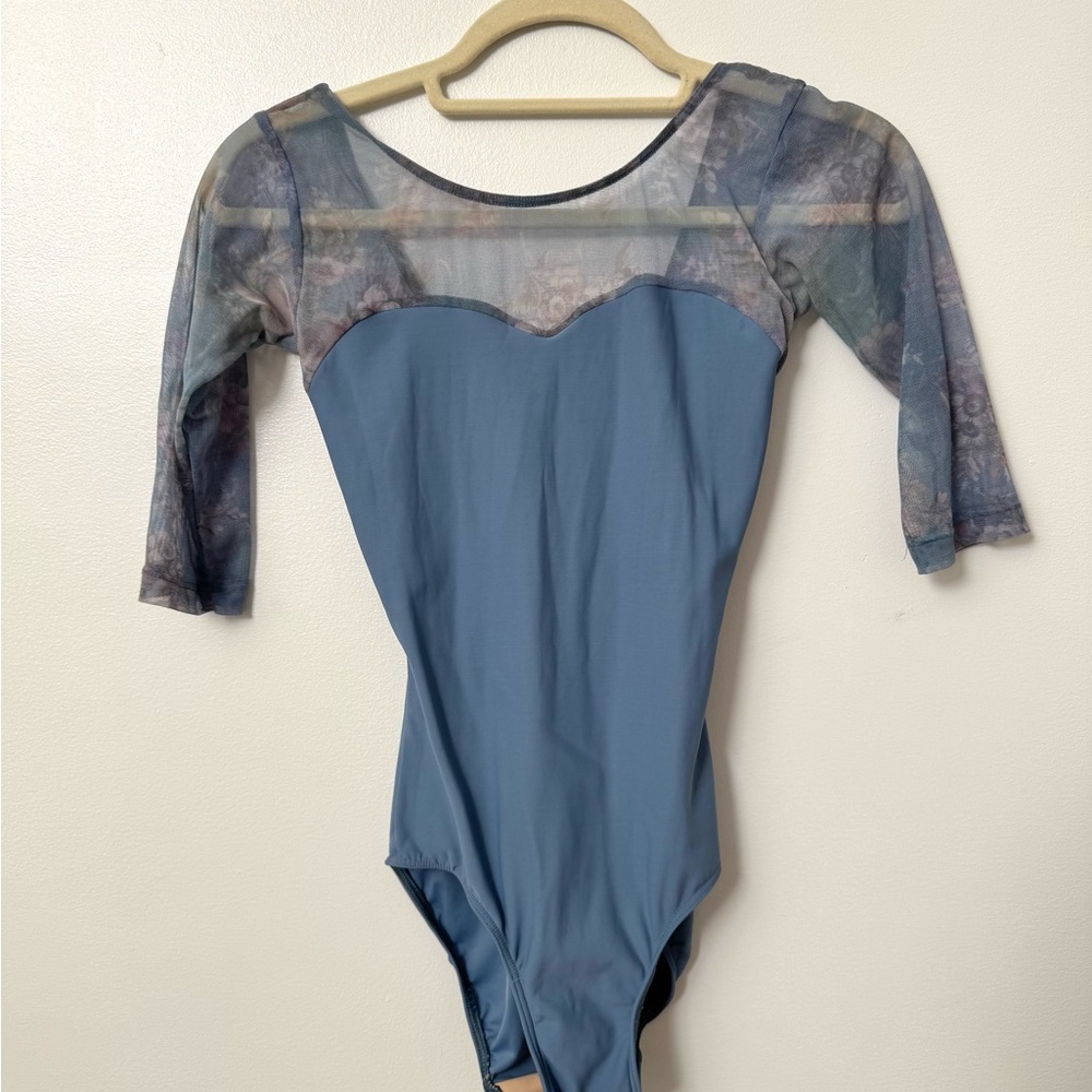 Eleve Vinzant Sheer Sleeve Leotard Blue